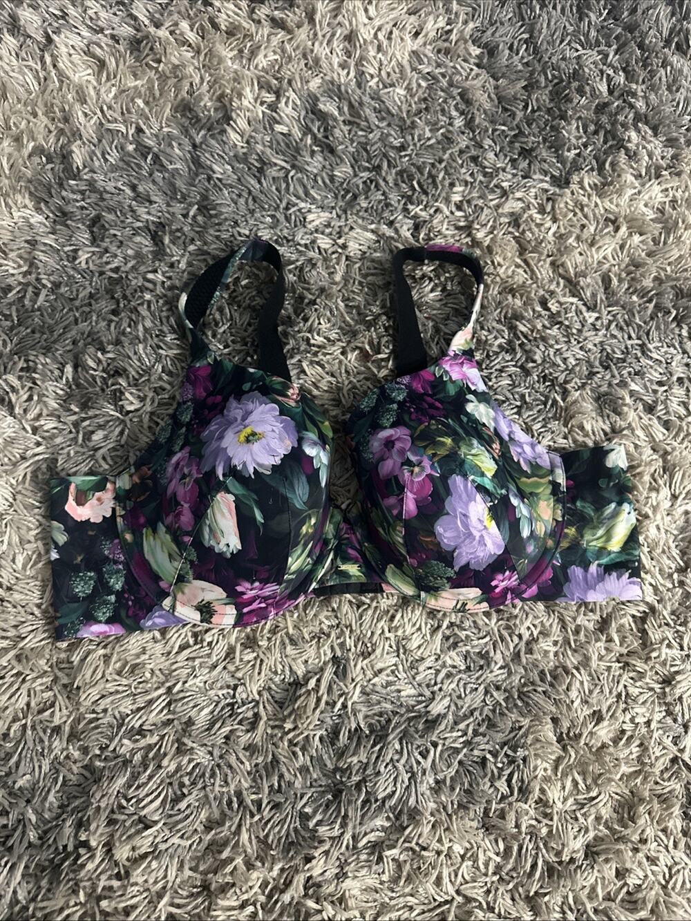 Cacique 44C Bra Black Lightly Lined Full Coverage Underwire Back Close Floral